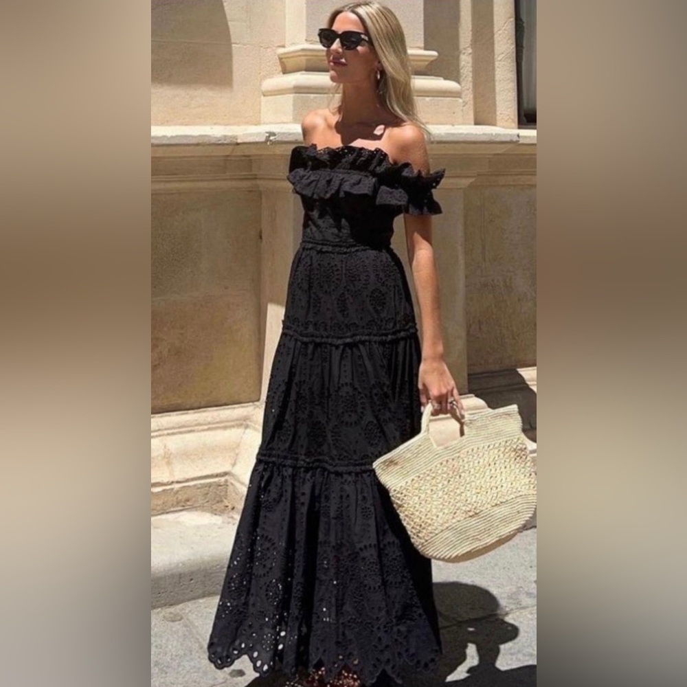 ZARA EMBROIDERED MIDI DRESS BLACK SIZE XS